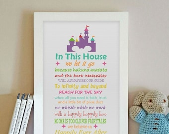 Schema punto croce, In questa casa, Citazione dei cartoni animati xStitch, Moderno, PDF Download immediato