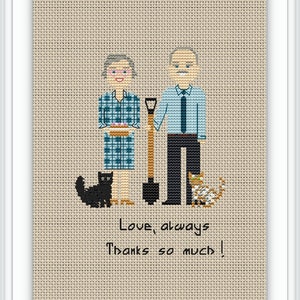 May include: Cross-stitch artwork showing an elderly couple with a shovel, two cats, and a cake. The text reads "Love, always" and "Thanks so much!". The couple is dressed in casual clothes.
