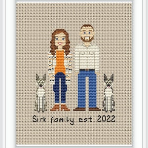 Custom family and pets portrait Personalized 10 year anniversary gift for family 7th anniversary cartoon portrait Cross stitch pattern