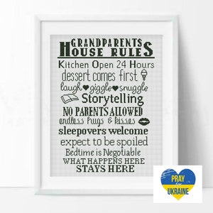 Grandparents House Rules Sign Cross stitch pattern, Gift for Grandparents Chart, Needlecraft Needlework PDF Instant Download