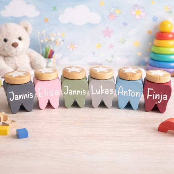 Personalisierte Milchzahndose aus Holz | Erinnerung an den ersten Zahn | Zahnbox für Kinder mit Stern | Geschenk zur Einschulung | Schulkind
