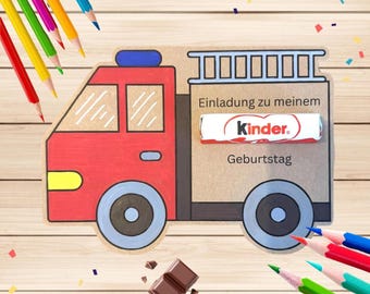 DIY fire engine birthday invitation card | Printable PDF for DIY | Fire engine party boy's birthday invitation