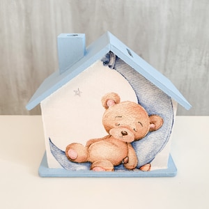 Spardose Haus Teddy blau mit Namen 10x10x5cm