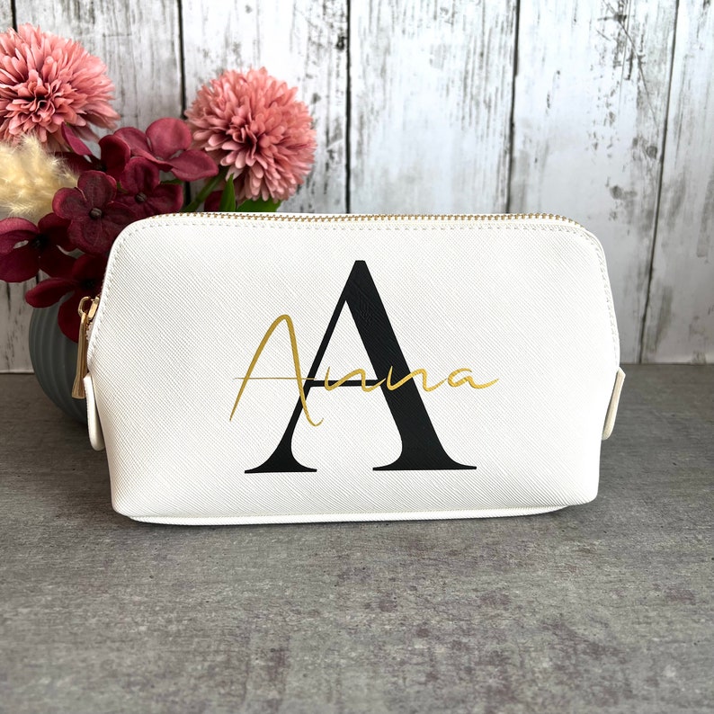 Personalisierte Kosmetiktasche mit Namen personalisierte Kulturtasche Schminktasche Geschenk Geburtstagsgeschenk Mama Weiß