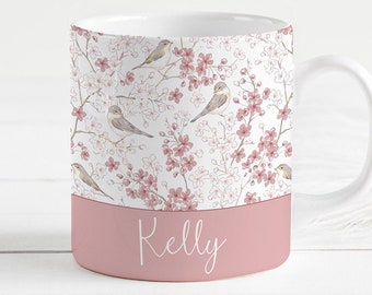 Pink Floral Bird Personalised Mug, Pink Flower Custom Name Mug, Bird Lover Gift for Her, Mothers Day Gift
