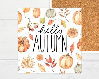 Hello Autumn Coasters, Fall Decor, Autumn Tableware, Ceramic Coaster