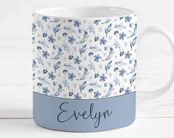 Blue Floral Personalised Mug, Blue Flower Custom Name Mug, Gift for Her, Mothers Day Gift, Birthday Gift