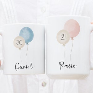 Personalised Birthday Mug, Milestone Birthday Gift, Custom Birthday Gift, Party Balloon Name Mug