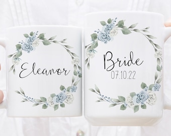 Personalised Blue Floral Bride Mug, Blue and White Watercolor Flowers, Bride Gift, Wedding Favour Ideas