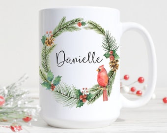 Personalised Cardinal Christmas Mug, Custom Christmas Wreath Mug, Cardinal Decor