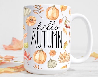 Hello Autumn Mug, Autumn Decor, Fall Decor, Fall Mug, Autumn Leaves, Pumpkin