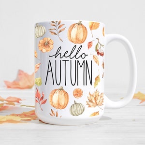 Hello Autumn Mug, Autumn Decor, Fall Decor, Fall Mug, Autumn Leaves, Pumpkin image 1