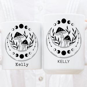 Personalised Celestial Mushroom Mug, Custom Crescent Moon Phase Mug, Celestial Mug