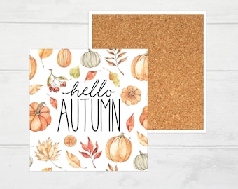 Hello Autumn Coasters, Fall Decor, Autumn Tableware, Ceramic Coaster