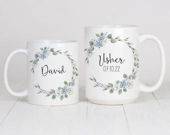 Aangepaste Usher-mok, gepersonaliseerd Usher-cadeau, blauwe en witte bloemen bruiloft bedankje, bedankje