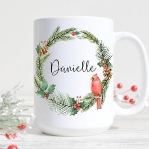 Personalised Cardinal Christmas Mug, Custom Christmas Wreath Mug, Cardinal Decor