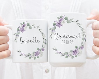 Aangepaste paarse bloemen mok bruidsmeisje, lila aquarel bloemen, cadeau bruidsmeisje, ideeën bruiloft gunst