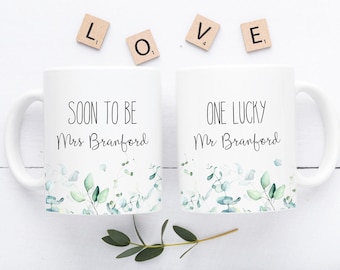 Personalised Wedding Gift, One Lucky Soon To Be Mugs, Eucalyptus Mugs, Custom Bride and Groom Gifts