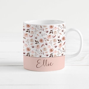Pink Floral Personalised Mug, Pink Boho Flower Custom Name Mug, Gift for Her, Mothers Day Gift, Birthday Gift