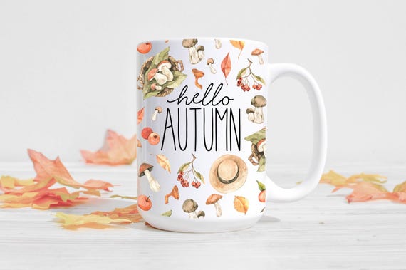 Hello Autumn Mug, Mushroom Cottagecore Mug, Fall Decor, Fall Coffee Mug, Autumn Decor
