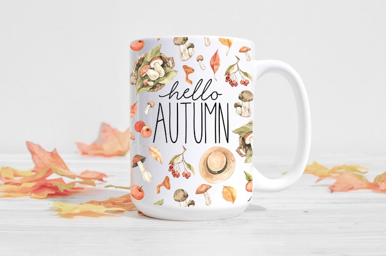 Hello Autumn Mug, Mushroom Cottagecore Mug, Fall Decor, Fall Coffee Mug, Autumn Decor image 1