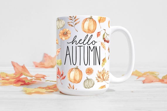 Hello Autumn Mug, Autumn Decor, Fall Decor, Fall Mug, Autumn Leaves, Pumpkin