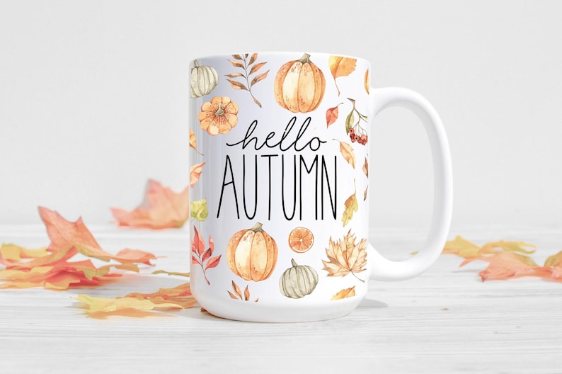 Hello Autumn Mug, Autumn Decor, Fall Decor, Fall Mug, Autumn Leaves, Pumpkin image 1