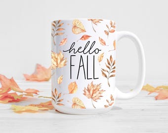 Kubek Hello Fall, Kubek na kawę na jesień, Uroczy kubek na jesień, Dekoracja domu na jesień, Dekoracja jesienna, Liście jesienne