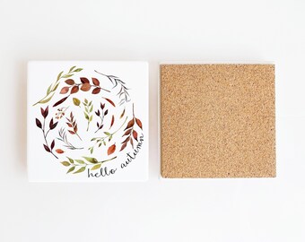 Hello Autumn Leaves Coasters, Farmhouse Fall Decor, Autumn Tableware, Ceramic Coaster