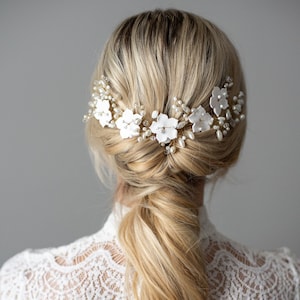 Floral Wedding Hairpiece, Bridal Hair Piece, Wedding Hair Accessory, Bridal White and Gold Head Decoration