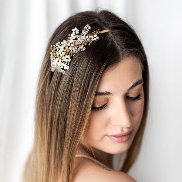 Bridal Tiara, Wedding Gold and White Hair Piece