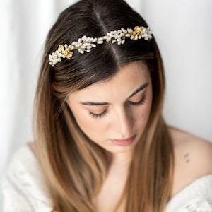 Bridal Headband with Pearl Beads and Gold Flowers, Wedding Hair Piece