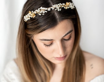 Bridal Headband with Pearl Beads and Gold Flowers, Wedding Hair Piece