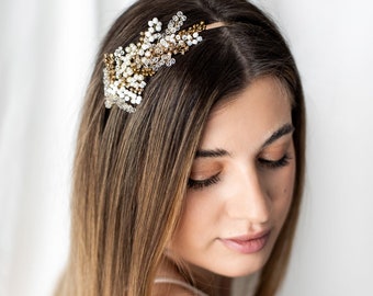 Bridal Tiara, Wedding Gold and White Hair Piece