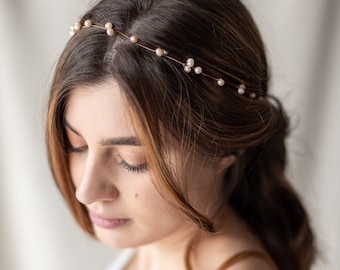 Delicate wedding hair vine made with peachy color freshwater pearls and rose gold wire, rose gold headpiece, pearl headpiece for wedding