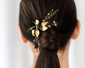 Black and Gold Hair Pin with Leaves and Beads, Gothic Wedding Hair Accessory