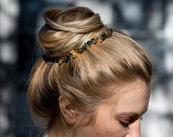 Bridal hairpiece with gold pine cones and green beads, wedding headpiece, gold bridal twig