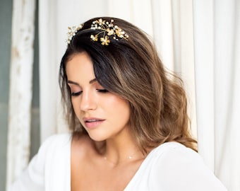 Bridal Flowers and Pearls Headband, Gold Wedding Headpiece