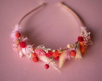 Hair accessory with dried flowers in pink, orange, red and beige, Stabilised flowers headband