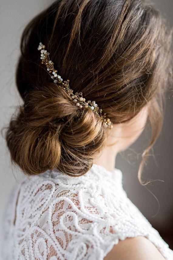 White and Gold Bridal Hairpin, Wedding Hairpiece, Bridal  display picture 1