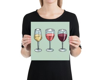 Wine Poster with White wine, Rose Wine and Red Wine Glass Green