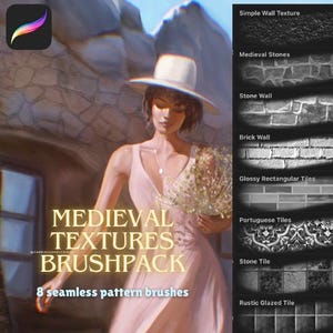 May include: Digital art brushpack with medieval textures. The image shows a woman in a pink dress and a white hat, holding flowers. The text reads "Medieval Textures Brushpack" and "8 seamless pattern brushes."