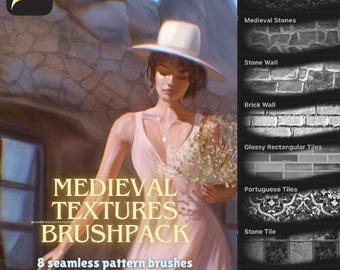 Procreate Seamless Pattern Brushes Texture Medieval Cobblestone Wall Azulejo Tile Stone Brick Brush Concept Art Pattern Background Brushpack