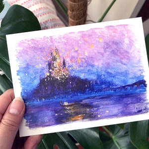 Tangled Lanterns Art Print: Watercolor Castle Painting
