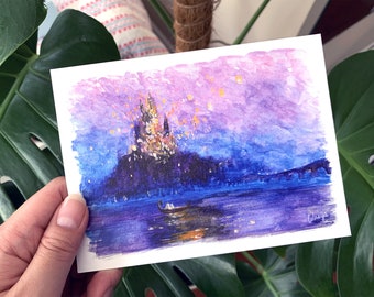 Tangled Lanterns Art Print: Watercolor Castle Painting