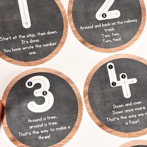Op de afbeelding: Ronde educatieve kaarten met de cijfers 1-4, elk op een donkergrijze achtergrond met een houtnerf rand. Elke kaart toont een groot wit cijfer en instructies over hoe het te schrijven. De tekst bevat zinnen als "Begin bij de stop, dan naar beneden" en "Om een boom heen".