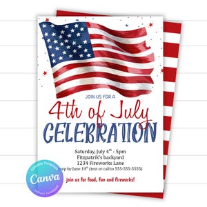 American Flag Backyard BBQ 4th of July Party Invitation Editable Template in Canva