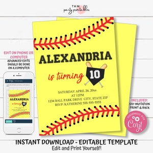 Softball Birthday Invitation Template Girls Birthday Invite - Etsy
