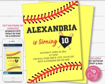 Softball Birthday Invitation Template, Girls Birthday Invite, Softball Team Party, All Star Sports Birthday Party Printables, TKM02