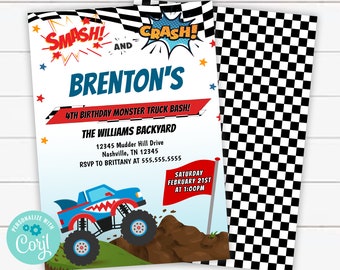 Monster Truck Birthday Invitation Editable Template, Monster Jam Birthday, Crash and Smash Boys Birthday Invite Party Printable Template,